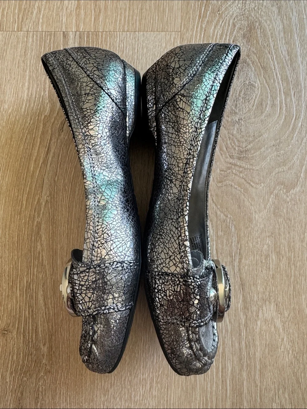 BCBGMaxAzria Metallic Silver Crackle Loafers with Buckle Detail